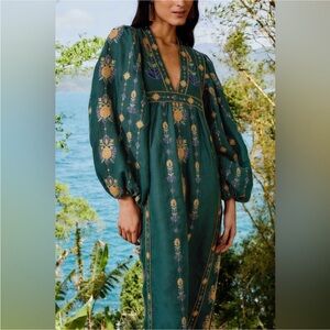 Farm Rio: Green Pineapple Embroidered Premium Linen Tunic Maxi Dress